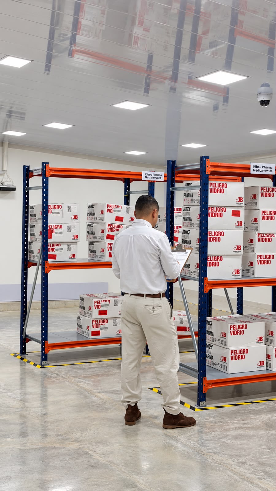 Colaborador de Kibou Pharma revisando el inventario en la bodega propia